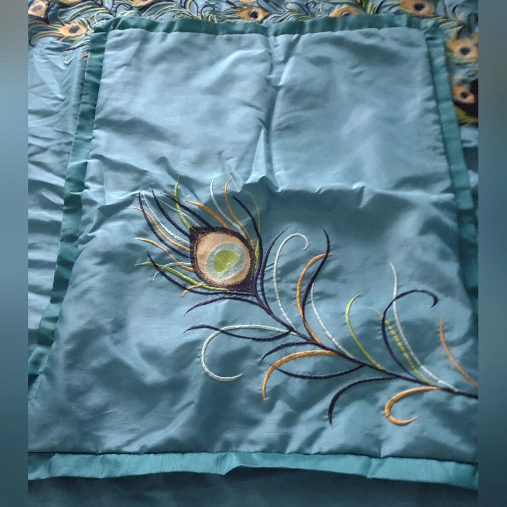 Embroidered peacock comforter set 4 items set faux silk